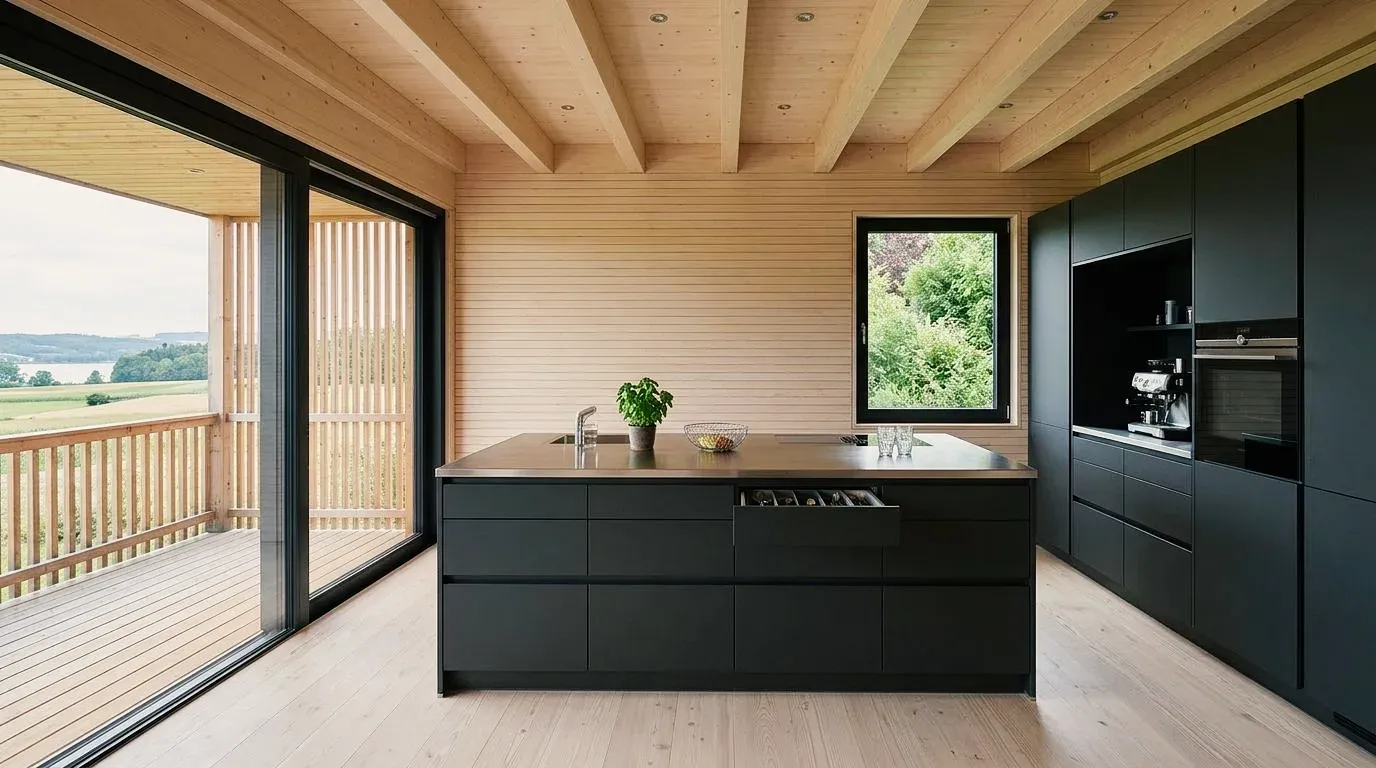 Black cooking island under a timber-beamed ceiling with a lake view – in apricot and light blue and in walnut with marble.