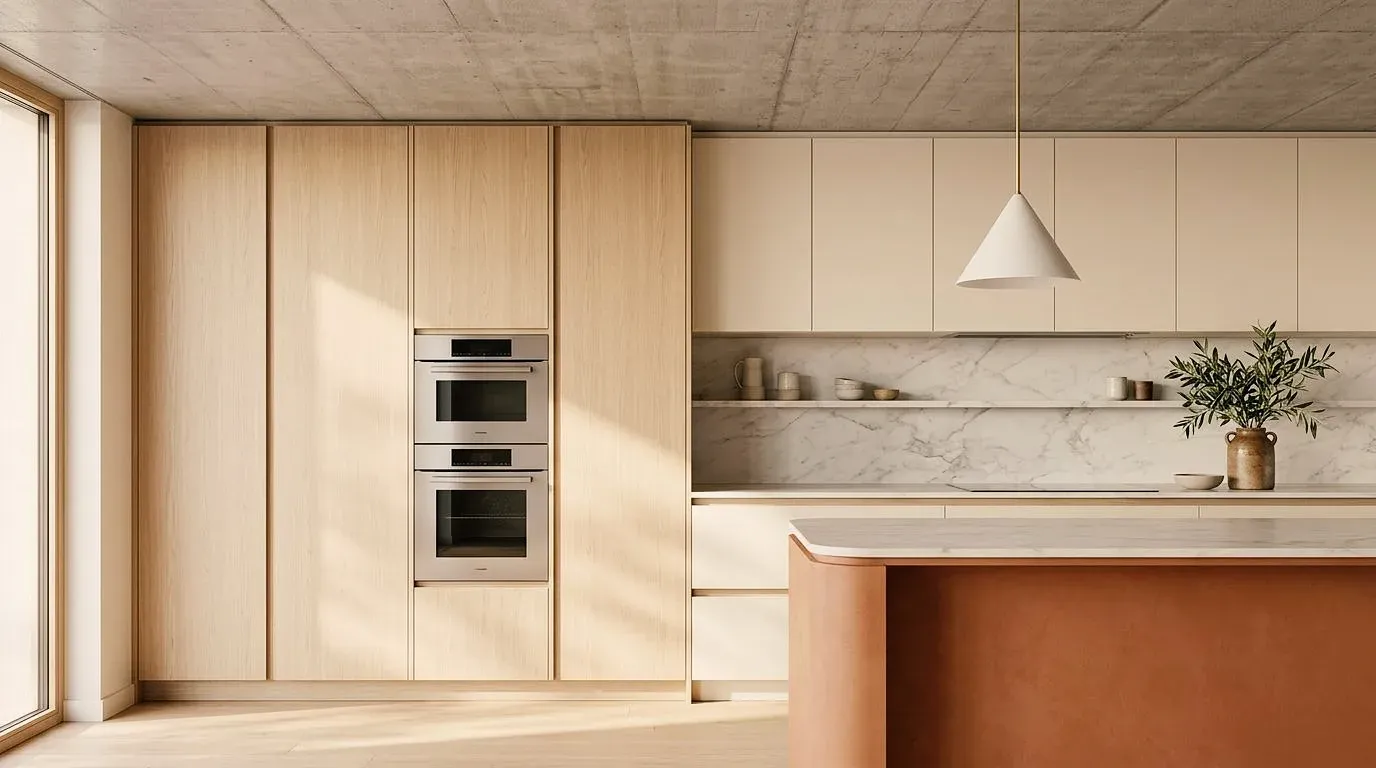 Colonne in rovere chiaro e isola in terracotta – come modello bianco, visualizzata, con frontali verdi e noce e sobria in rovere e crema.