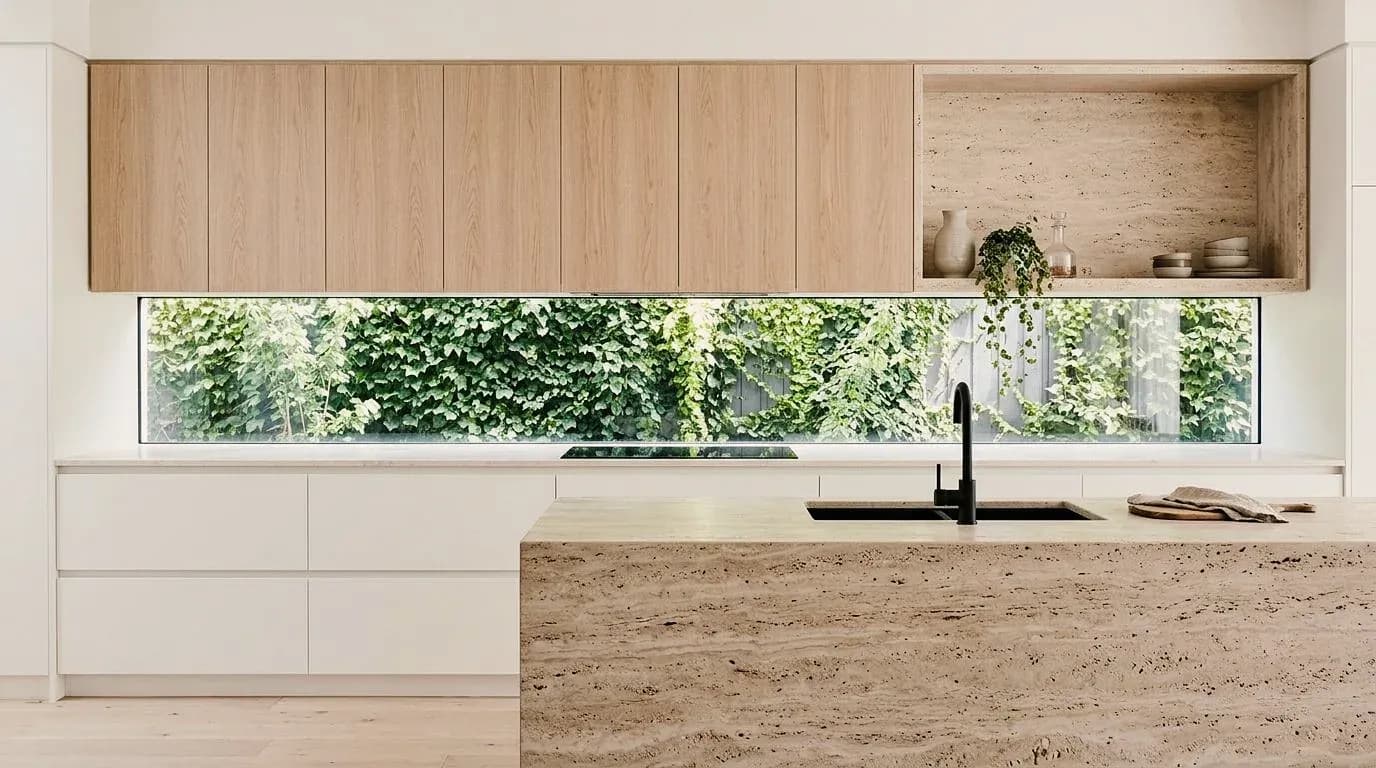 Pensili in rovere sopra una finestra a nastro, isola in travertino – come modello bianco, visualizzata, con noce e marmo nero e sobria in rovere e sabbia.