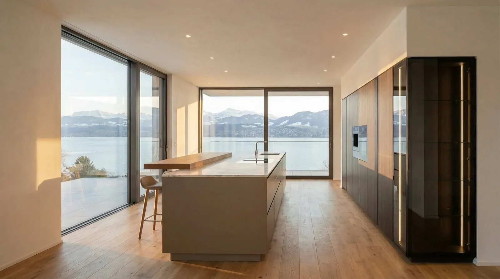 Cucina con isola e vetrata – come modello bianco, come visualizzazione di giorno e di sera.