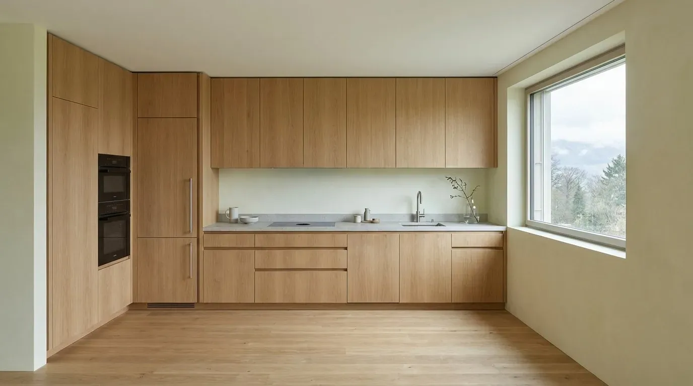 Cucina lineare con colonne – come disegno al tratto e come visualizzazione.