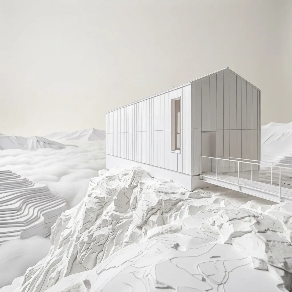 Vue d'un modèle 3D blanc, petite maison au bord d'une falaise