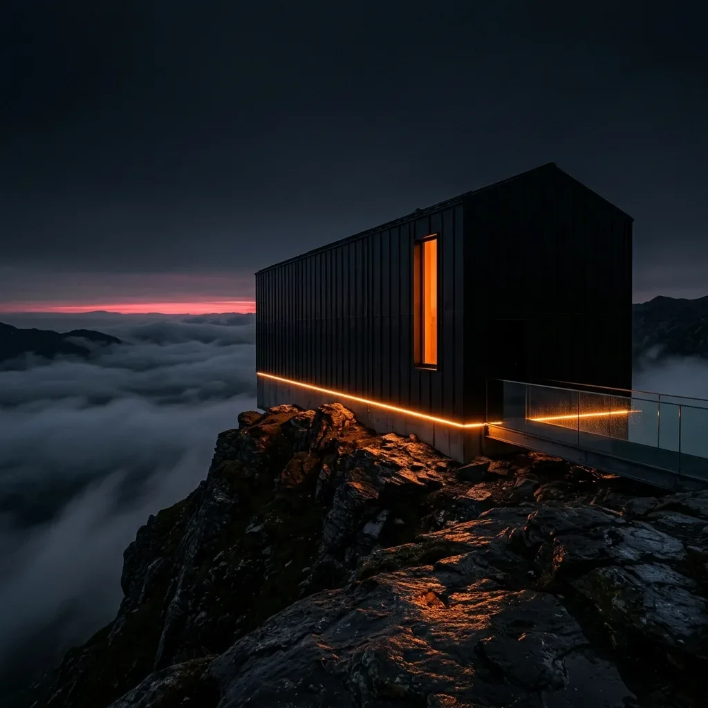 Photo avec façade en bois sombre, mer de brouillard et crépuscule