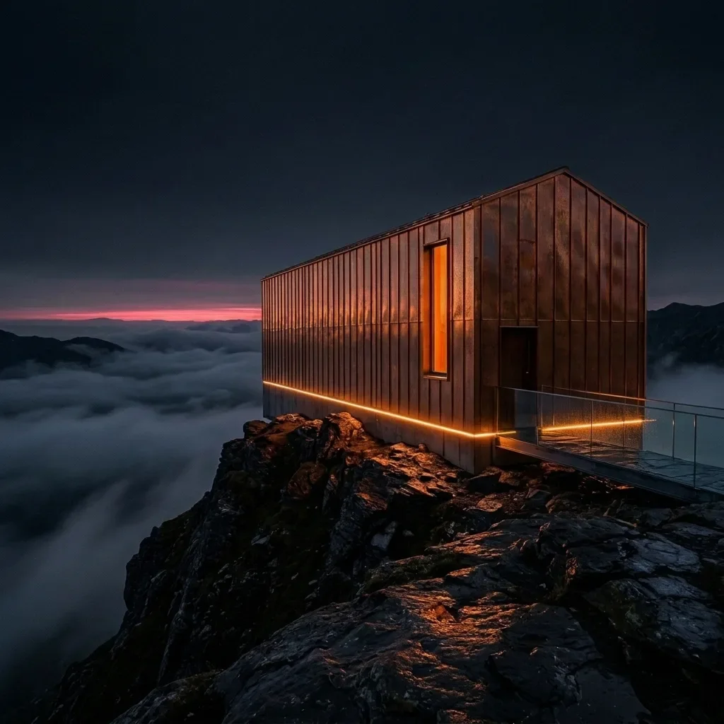 la même scène avec une façade en acier Corten