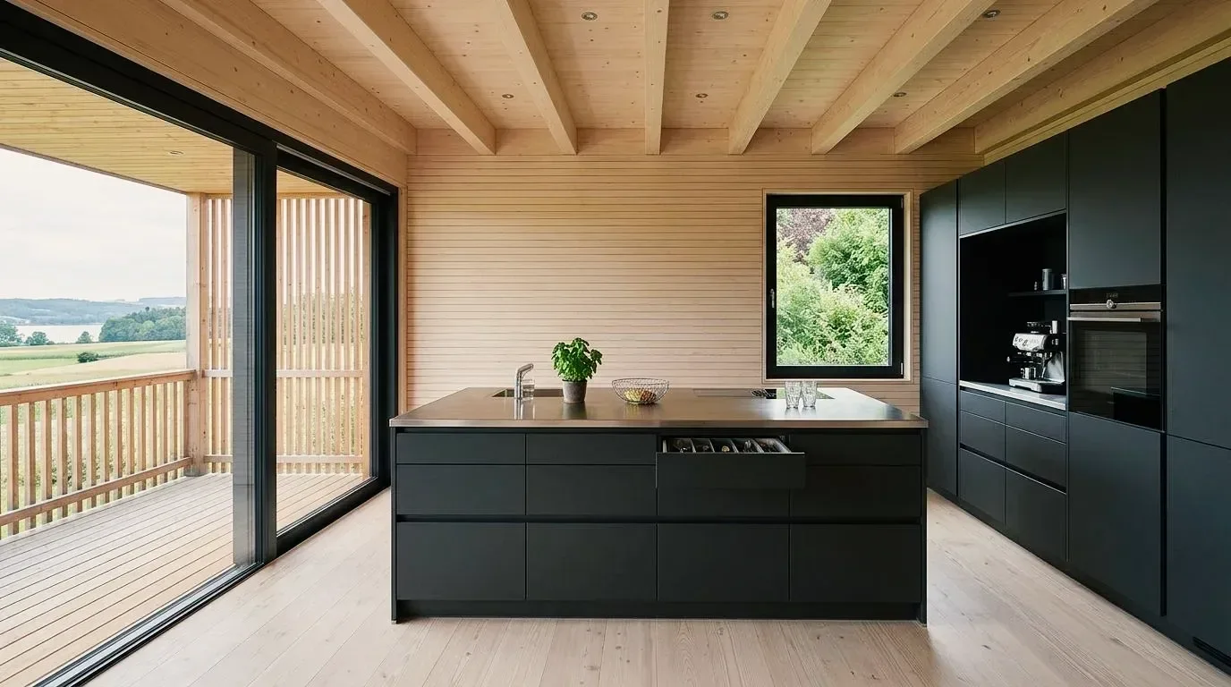 Foto della cucina abitabile con frontali scuri, soffitto in legno e vista sul verde