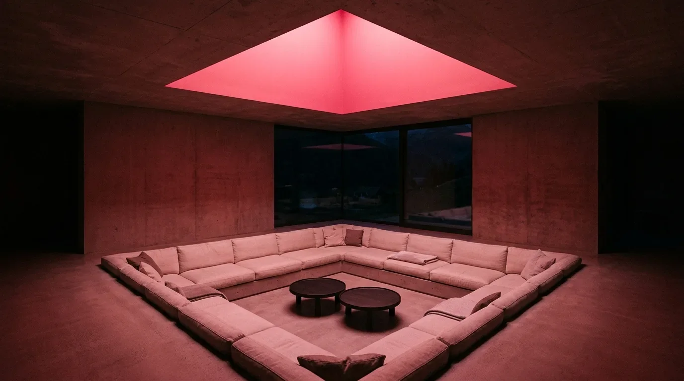 Salotto ribassato sotto un lucernario in luce rossa