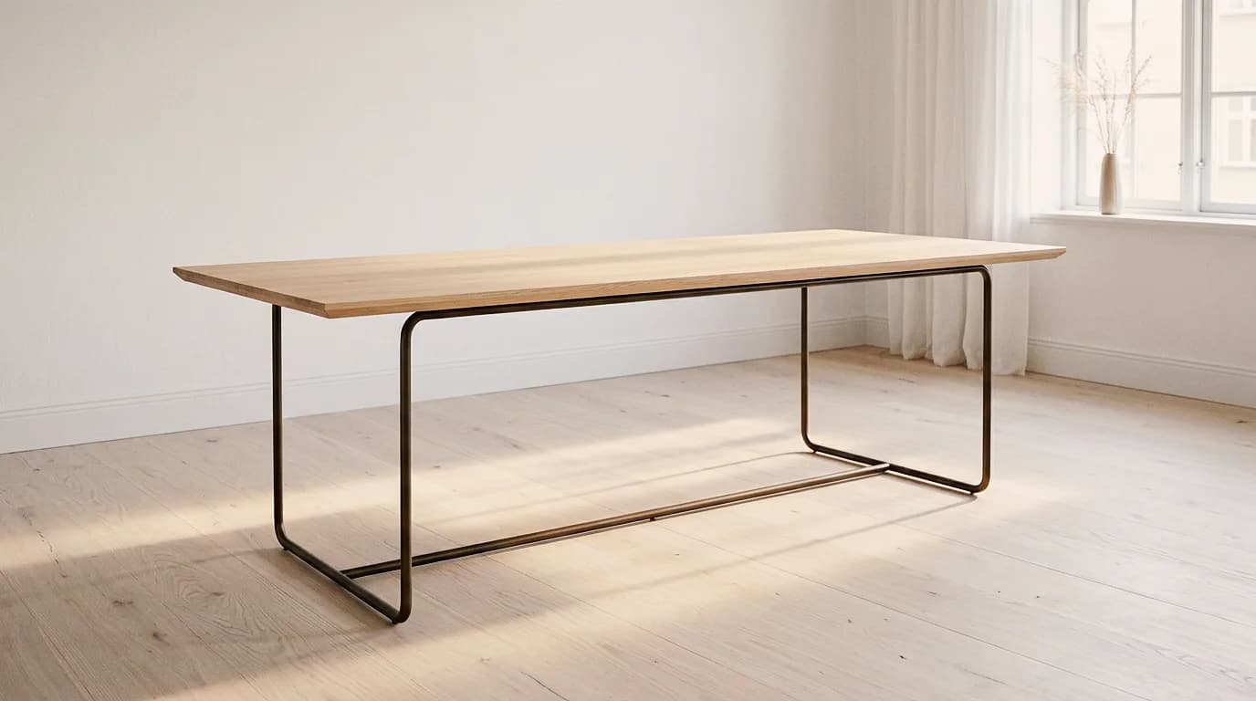 Oak dining table with a tubular steel frame – in an empty room, in a furnished dining room and in walnut with blackened steel.