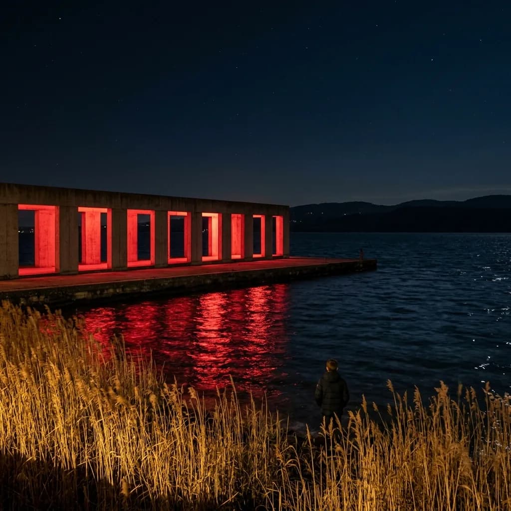 Long bâtiment au bord de l'eau aux ouvertures rouges lumineuses – en original et avec calcaire et lumière chaude, l'eau reste.